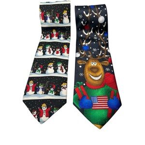 Vintage Lot of 2 Hallmark Christmas Holiday Ties Snowmen Reindeer Novelty Y2K